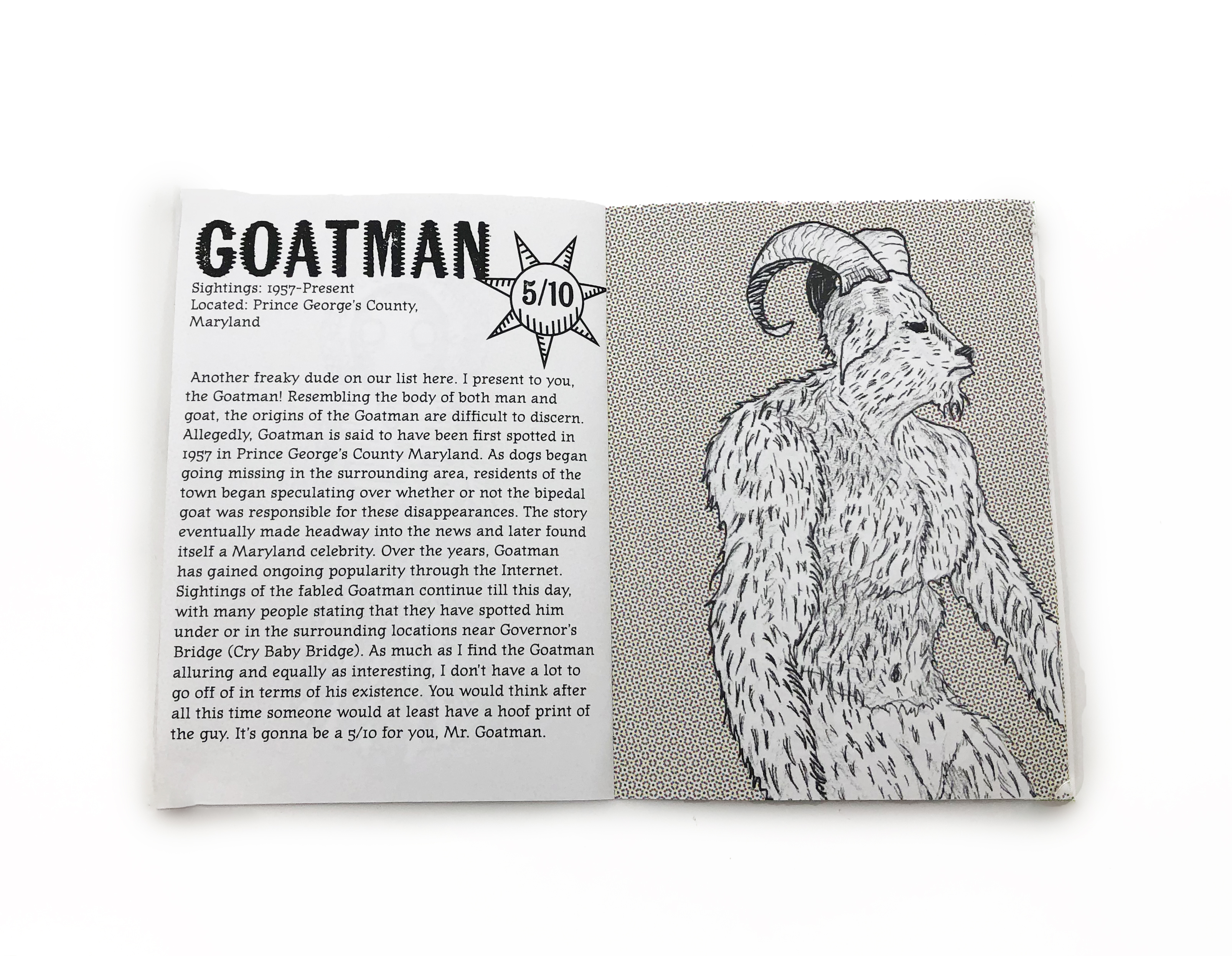 Zine Goatman segment containing imagery of the crytpid as well as text describing its origins and behaviors.