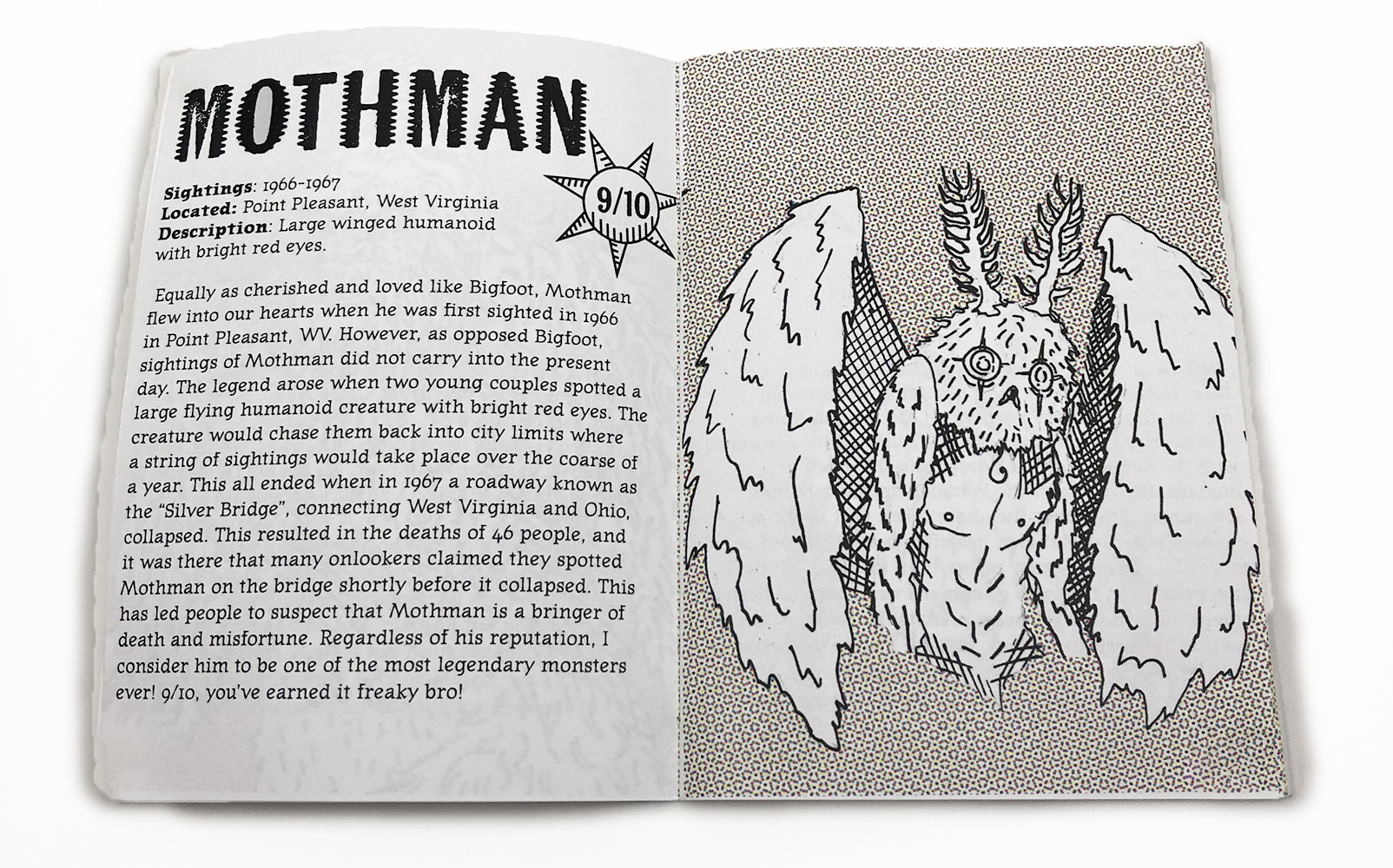 Zine Mothman segment containing imagery of the crytpid as well as text describing its origins and behaviors.